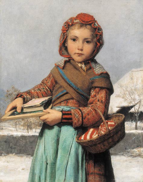 Schoolgirl with Slate and Sewing Basket - Albert Anker as art print or hand  painted oil.