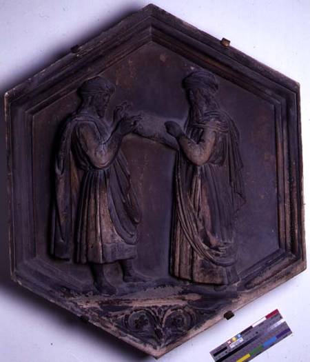 Geometry or Arithmetic, hexagonal decorative relief tile from a series depicting the Seven Liberal A from Andrea Pisano