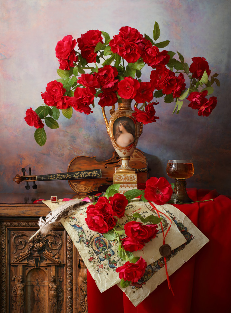 Still life with violin and red roses from Andrey Morozov