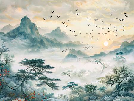 Morgensonne über den Bergen von China. Vogelschwarm.