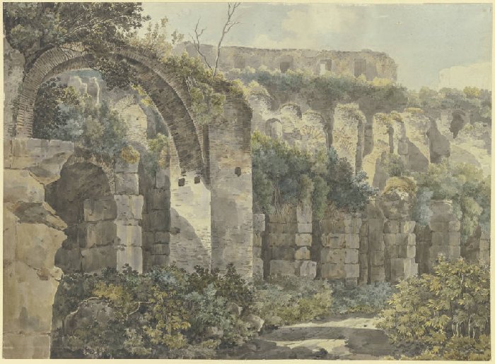 Römische Ruinen mit großem Bogen und hohen Mauern, von Pflanzen überwuchert from Anonym
