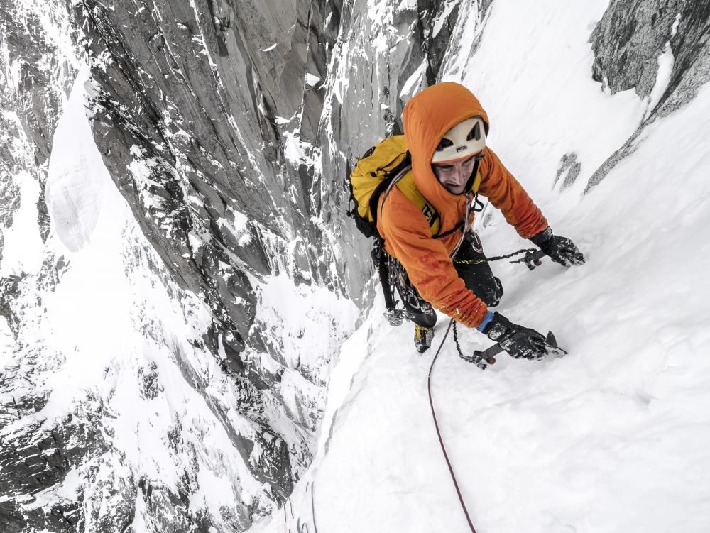 Tom Grant arriving in the upper Couloir Nord des Drus, Chamonix, France from Ben Tibbetts