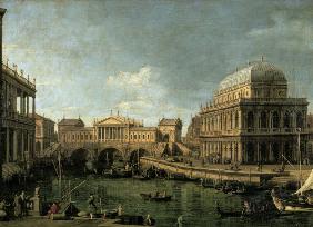 Capriccio with the Ponte di Rialto in Venice after the design of Andrea Palladio and the Basilica in