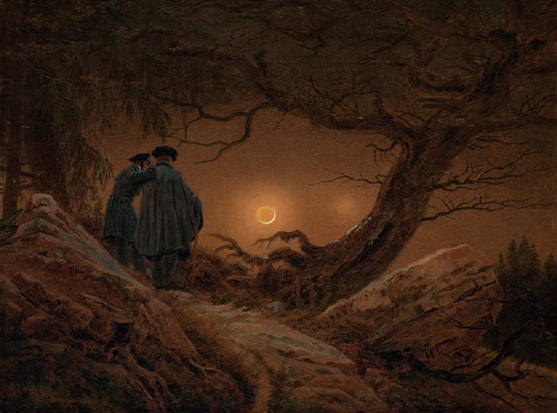 Two men in analysis of the moon from Caspar David Friedrich