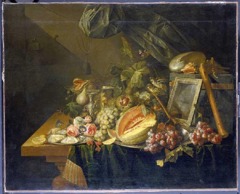 Prunkstilleben mit Blumen, Früchten, Austern, Prunkpokal, Spiegel und Flöte from Cornelis de Heem