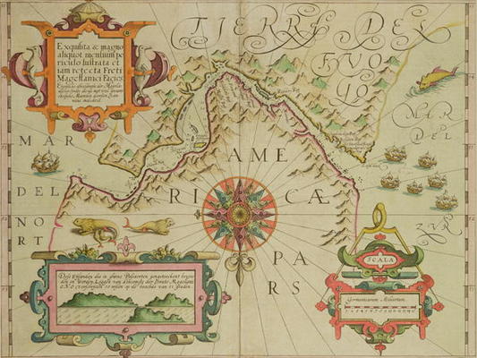 Map of the Magellan Straits, Patagonia, from the Mercator 'Atlas' pub. by Jodocus Hondius (1563-1612 from Dutch School, (17th century)