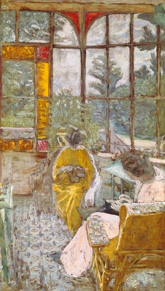 Two Women Embroidering on a Veranda, 1913 (tempera on canvas) 