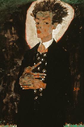 Self-portrait with peacock waistcoat, stationary.