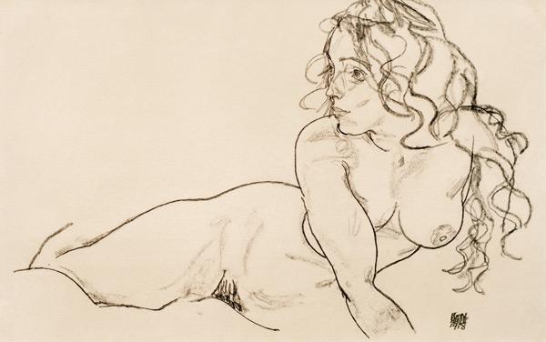 Resting woman with long hair - Egon Schiele