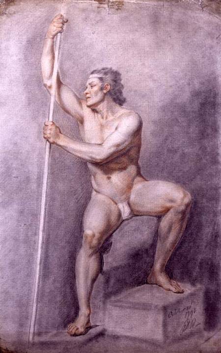 A Male Nude Holding a Staff from English School