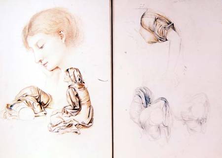 Six studies of female models, two pages from one of the artist's sketchbooks (pencil from Evelyn de Morgan