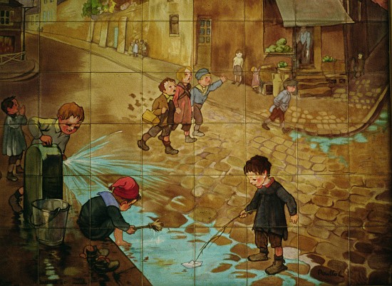 Tiles depicting children playing in the street from Francisque Poulbot