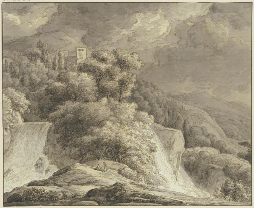 Gebirgslandschaft mit Burgruine und zwei Wasserfällen from Franz Innocenz Josef Kobell