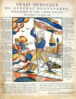 Bonaparte (1769-1821) planting the French Flag on the Lodi Bridge, May 10th, 1796 from 'L'Imagerie P from French School, (18th century)