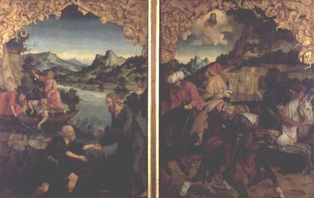 Stories of S.S. Peter and Paul altarpiece: detail showing L to R, Vocation of St. Peter, Conversion from Hans von Klumbach
