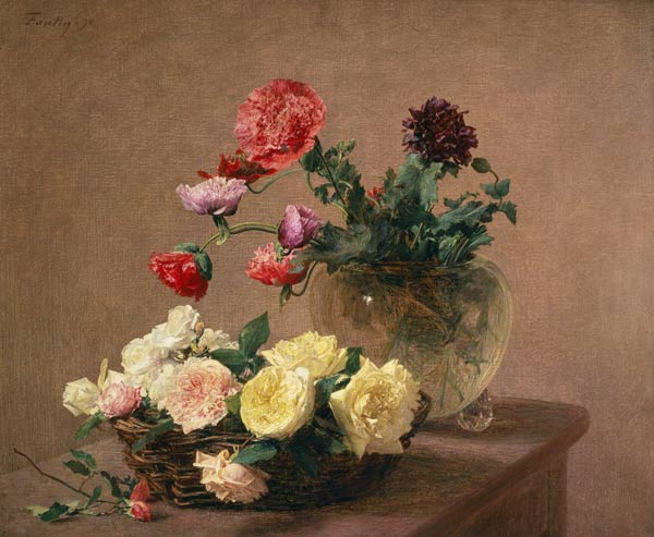 Poppies in a Crystal Vase, or Basket of - Henri Fantin-Latour as art print  or hand painted oil.