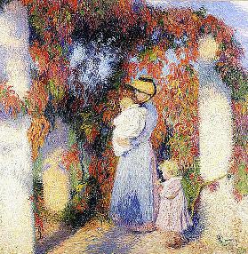 Woman with two children under a pergola in Marquayrol (Femme avec deux enfants sous le Pergole Princ