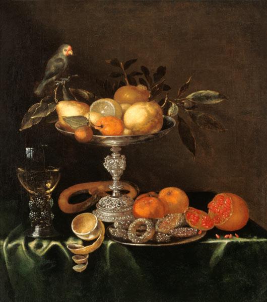 Quiet life with roman, silver Tazza, fruits, pastries and bird