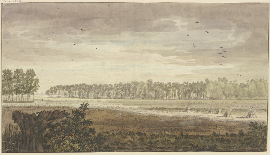 Landschaft, im Hintergrunde ein langes Wäldchen, vorne Felder mit einigen Fruchtgarben from Jacobus van Liender