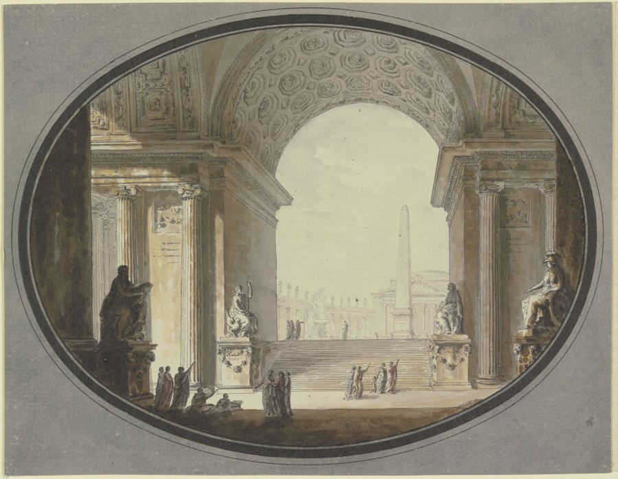 Blick durch ein kassettiertes Rundbogengewölbe auf einen dem Petersplatz in Rom nachempfundenen Plat from Jacques-François Blondel
