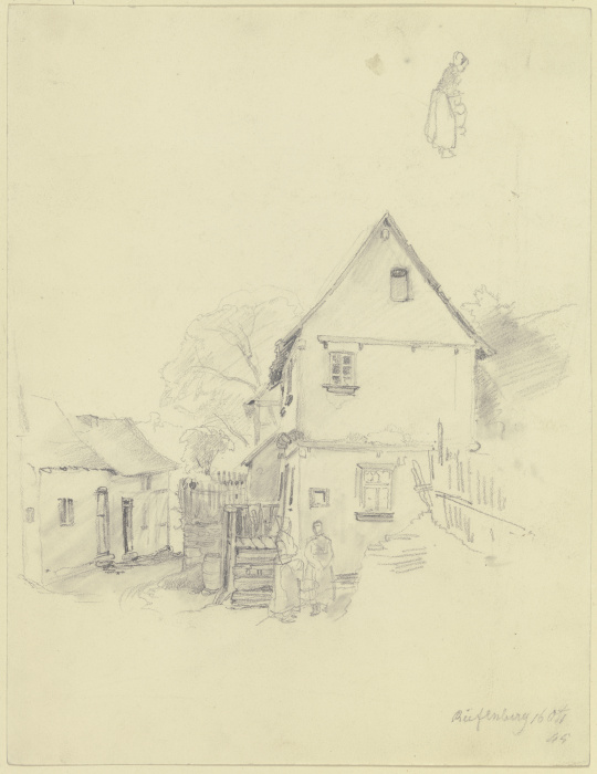 Ein Haus, vor demselben stehen zwei Frauen am Brunnen, oben Entwurf zu einem Mädchen mit einem Korb from Jakob Furchtegott Dielmann