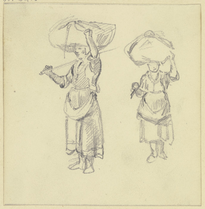 Eine Frau, die ein großes Bündel auf dem Kopf trägt, nach links und von vorne from Jakob Furchtegott Dielmann