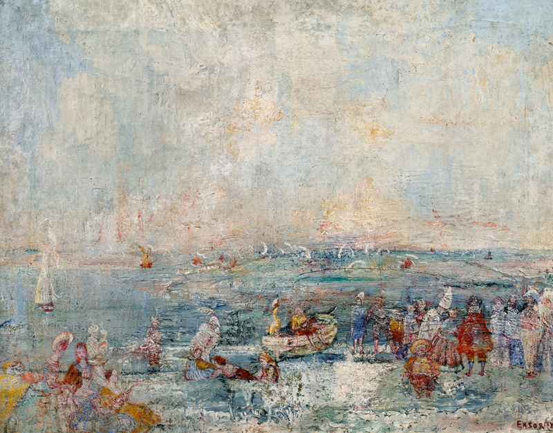 The carnival on the beach, 1887, by James Ensor (1860-1949), oil on canvas, 54x69 cm. Belgium, 19th  from James Ensor