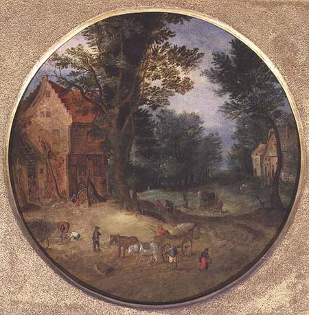 Flemish landscape with carts and figures (tondo, panel) from Jan Brueghel d. Ä.