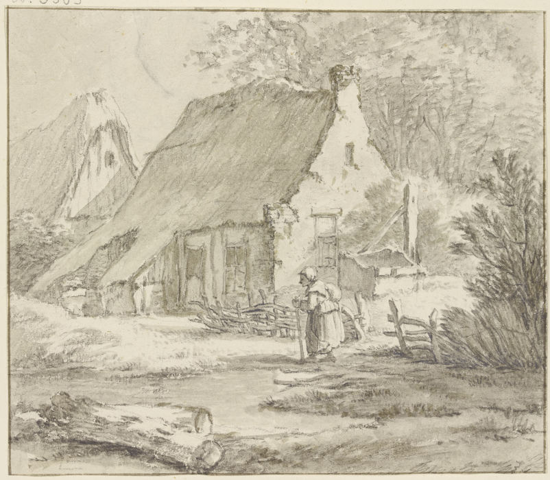 Bauernhäuser, davor ein altes Weib nach links sehend, vorne links zwei Baumstämme from Jan Hulswit