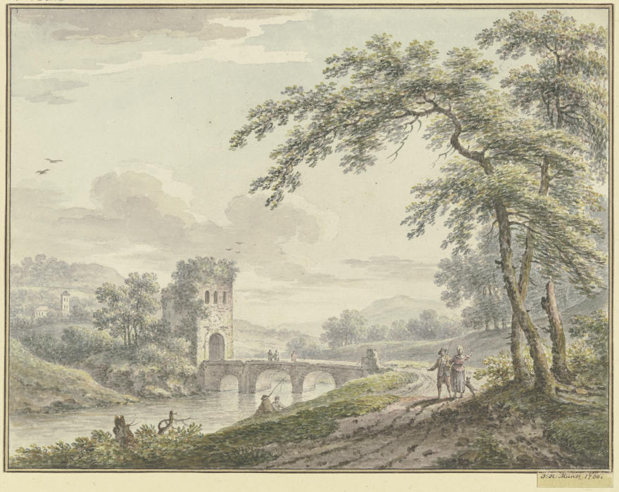 Landschaft mit einer Brücke und Turm, rechts unter einem Baum ein Paar mit einem Hund from Johann Heinrich Müntz