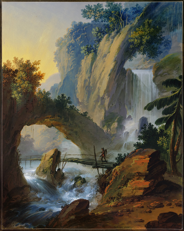Steg über einen Wasserfall, darüber ein Felsentor from Johann Jakob Schillinger