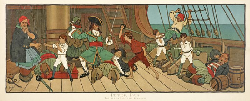 The Defeat of the Pirates from "Peter Pan", pub.1907 (colour litho) from John Hassall