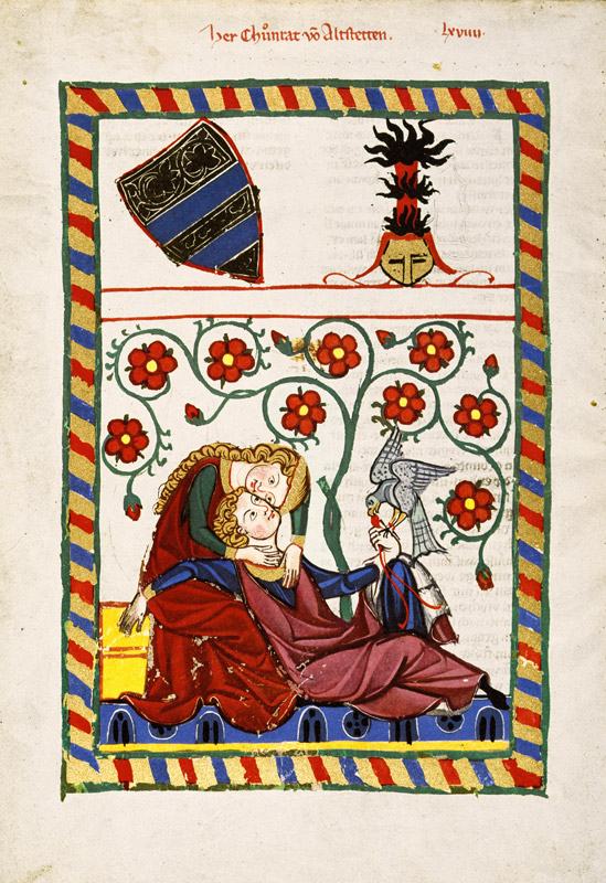 Buchmalerei, von der Falkenbeize heimgekehrt, ruht im Schoße seiner Dame from Konrad von Altstetten