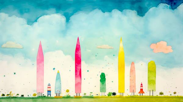 Aquarelle mit bunten Raketen und Wolkenlandschaften, minimalistisch. Digital AI Art. from Miro May