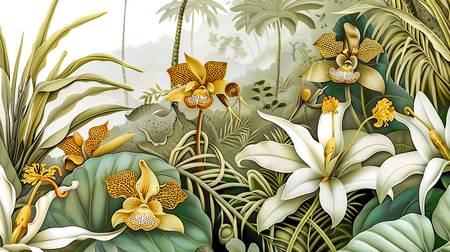 Orchideen in einem tropischen Regenwald. Florale Landschaft