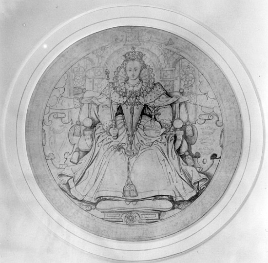 Design for the obverse of Queen Elizabeth I''s Great Seal of Ireland, c.1584 (pen, ink & graphite on from Nicholas Hilliard