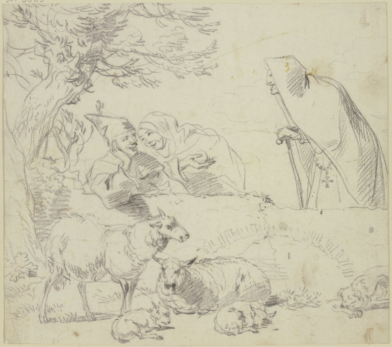 Zwei Nonnen bei einem Hirten, dabei zwei alte und zwei junge Schafe und ein Hund from Nicolaes Berchem