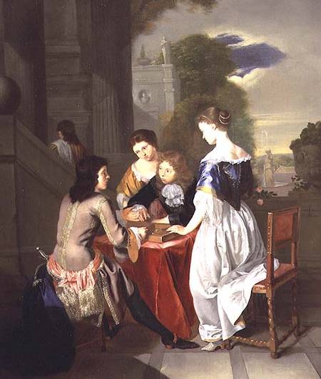 Elegant Company playing backgammon from Nicolaes Verkolje