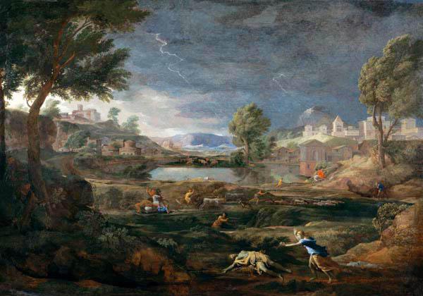 Thunderstorm countryside with Pyramus and Thisbe