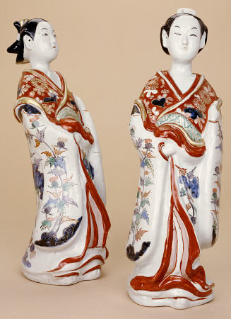 A Pair Of Large Imari Bijin, Vividly Decorated In Iron-Red, Green, Aubergine, Blue, And Black Enamel from 