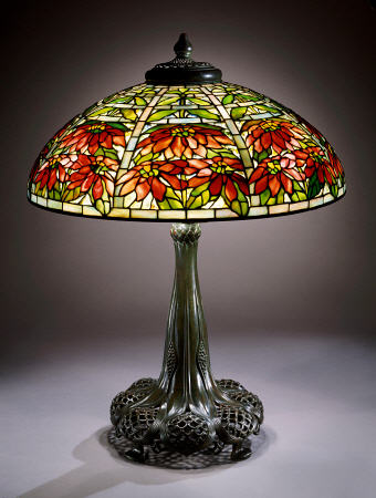 Double Poinsettia Leaded Glass And Bronze Table Lamp from 