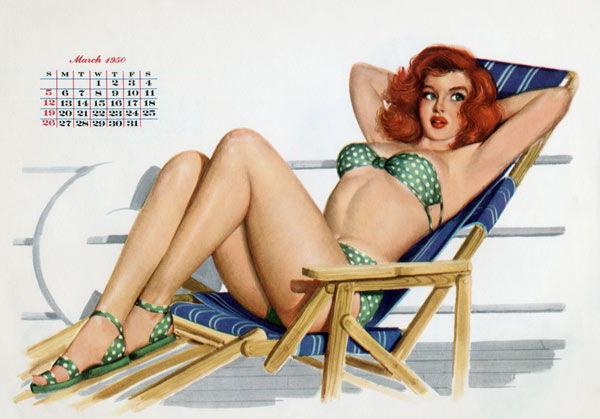 Pin up in bikini on a deckchair on a boa - as art print or hand painted oil.