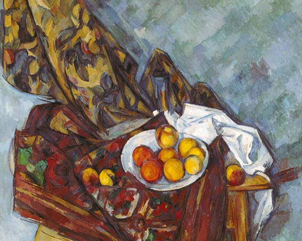 Quiet life with flowered curtain and fruit bowl from Paul Cézanne