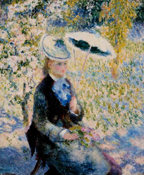Woman with parasol between flowers - Pierre-Auguste Renoir as art print or  hand painted oil.