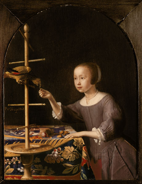 Girl when feeding a parrot. from Pieter van Slingeland