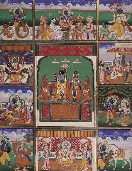 Vishnu in the centre of his ten avatars, Jaipur, Rajasthan from Rajput School