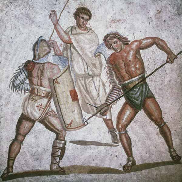 Two fighting gladiators and an arbitrator mosaic from römisch Mosaik