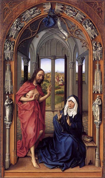 Christ seems Marienaltar, right wing, to Maria -- from Rogier van der Weyden