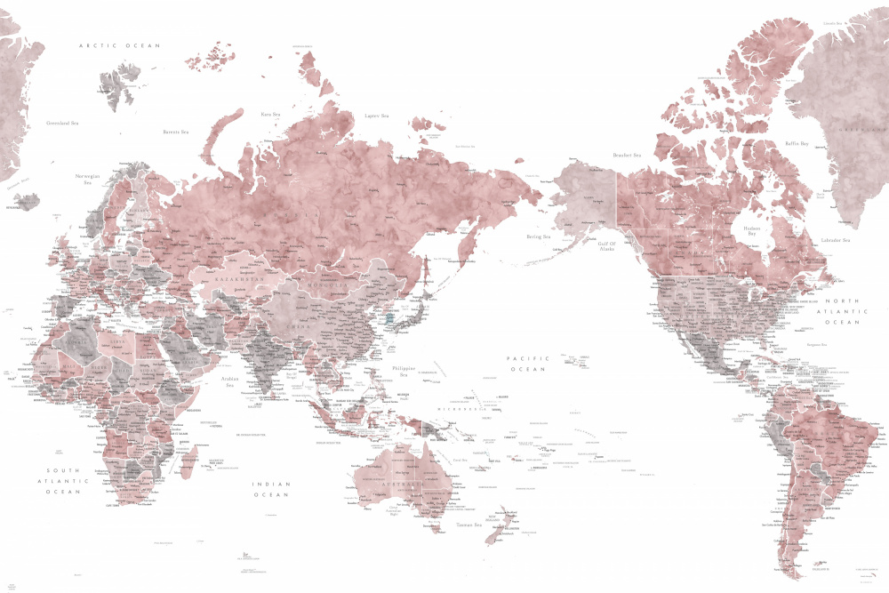 Pacific centered world map in dusty pink from Rosana Laiz Blursbyai