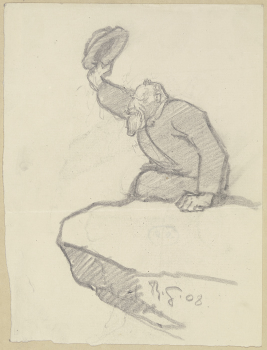 Alter Mann, von einem Felsvorsprung seinen Hut zum Gruße hebend from Rudolf Gudden